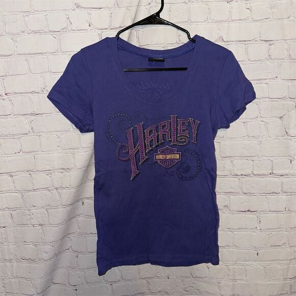 Harley-Davidson Women's Purple Graphic V-Neck T-Shirt Size Small - Picture 1 of 8
